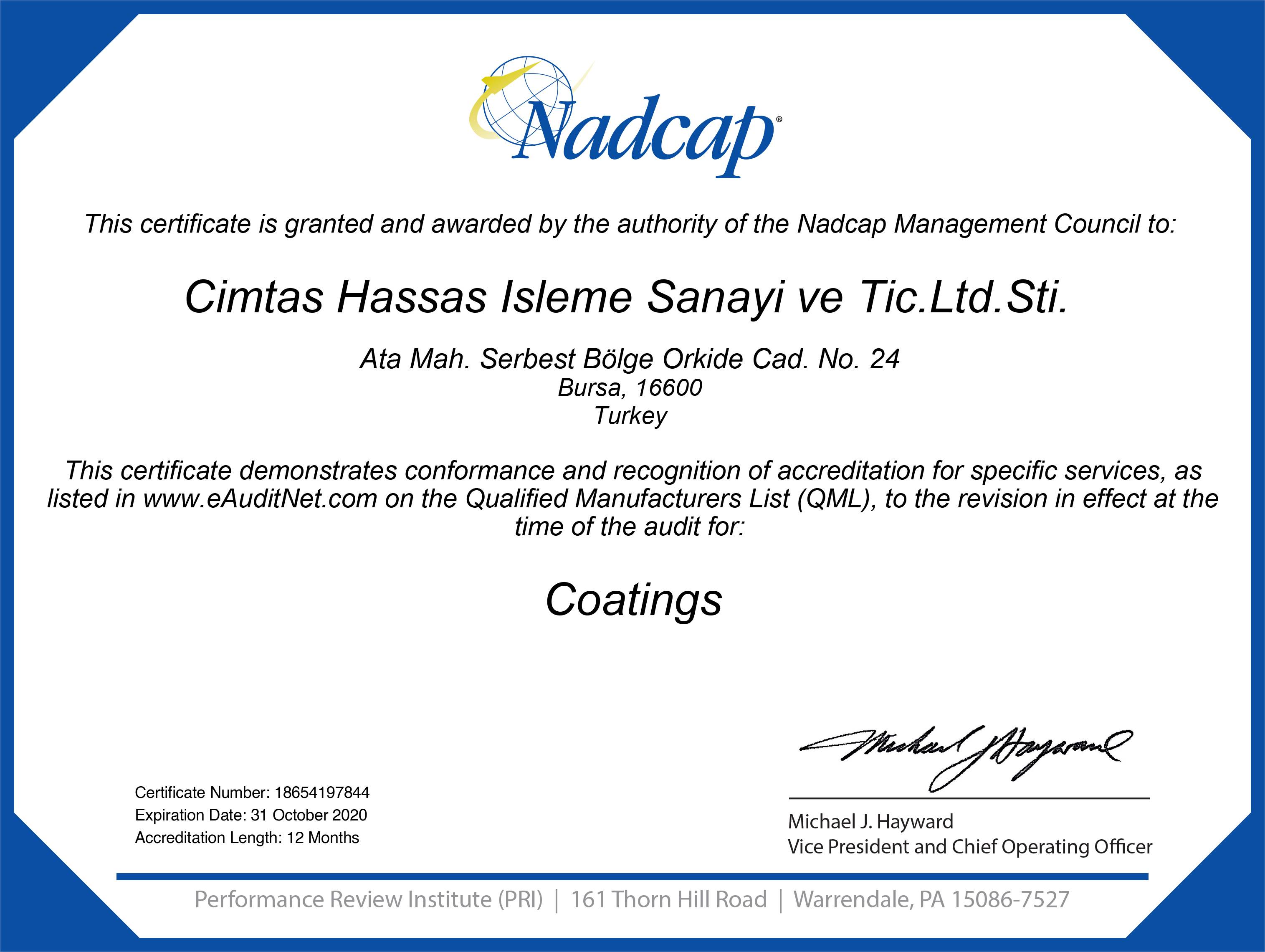 'Nadcap certificate CT Audit #197844